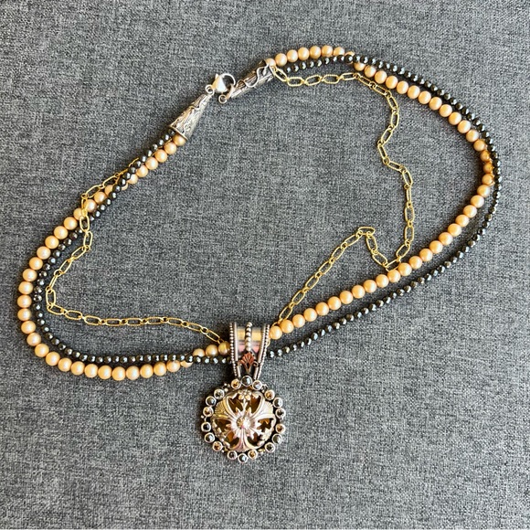 Mars And Valentine Pearls Bead Multi-Strand Necklace with Floral Gold Pendant - Picture 1 of 5